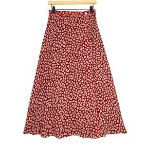 BREECHES WOMEN'S 80'S VINTAGE RED FLORAL A‑LINE MIDI SKIRT – SIZE 8 – BOHO